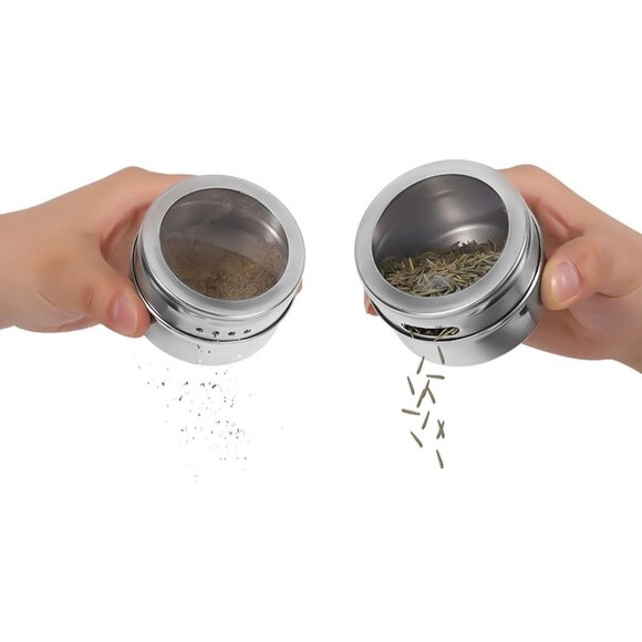 12 Magnetic Spice Jars Silver Steel w/ Sift Pour Lids + 120 Labels Organizer - Picture 3 of 6